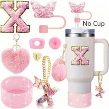 8 Stück Zubehör für 40oz & 30oz Becher, inklusive Strohhalm-Deckel, auslaufsicherer Silikonverschluss, Silikonmanschette, Buchstabenanhänger-Kette, Aufkleber, Herz-Haken, Herz-Pompon-Haarball-Anhänger, für Camping, ideales Valentinstags-Geschenk, Muttertags-Geschenk (ohne Becher)