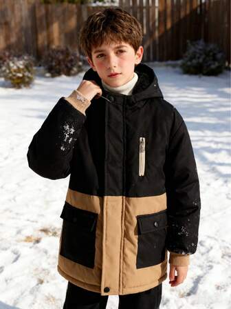 青少年男孩连帽拼色休闲棉服外套，带口袋