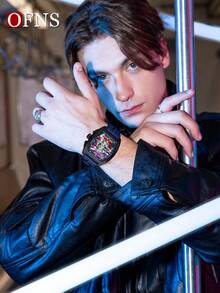 OFNS 1209 新款炫彩表盘酒桶造型男士腕表，带夜光功能，防水运动石英表，经典男士腕表 - 均碼 - 查看 4