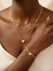 Aomogo 2件套时尚优雅百搭不锈钢多层珍珠心形手链+项链，适合女性随时佩戴 - 項鍊+手鍊 - 查看 6