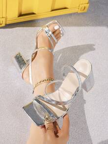 Zapatos de tacón alto plateados para mujer, tacón cuadrado grueso, tacones altos versátiles, cuero suave, cómodos, adecuados para diversas ocasiones, atuendos de primavera y verano - Plateado - Ver 2