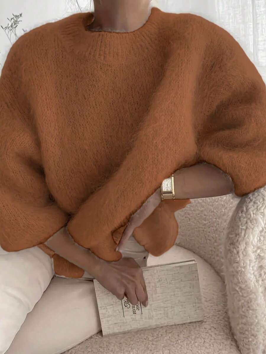 女式时尚简约毛绒罗纹针织圆领毛衣，常规长度，落肩，七分袖上衣 - 駝色 - 查看 1