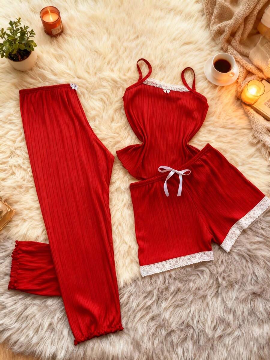 Women's 3-Piece Trio Pajama Set: Tank Top, Shorts, And Pants. Comfortable Ribbed Fabric. - Red - View 1