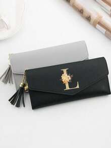 1 Pieza Cartera plegable de mujer de cuero PU negro con iniciales florales doradas A-Z, monedero lindo para niñas, cartera de moda para mujer con tarjetero mini y borla, impermeable, portátil, gran capacidad para tarjetas de crédito y efectivo, adecuada para negocios, casual, regalo de cumpleaños, regalo del Día del Maestro, regalo de Navidad.