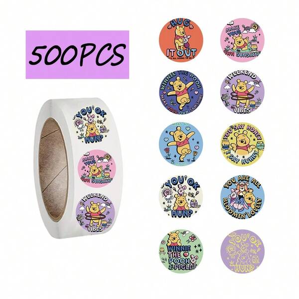 Disney 500 piezas de pegatinas enrolladas de Winnie the Pooh de Disney, 10 estilos, pegatinas de dibujos animados lindas, decorativas para cuadernos, patinetas, botellas de agua, pegatinas resistentes al agua