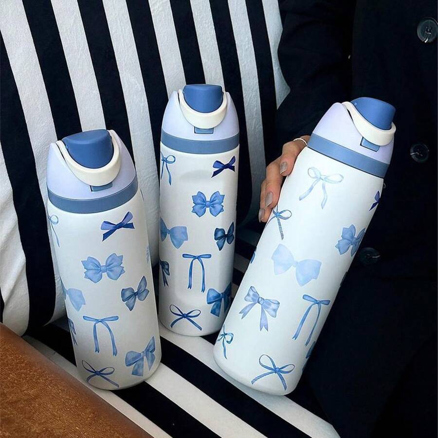Bow Pattern Stainless Steel Vacuum Flask, 1 Count Portable Insulated Water Bottle With Straw, Summer Cool Bottle Drinking Cup For Home Office School Outdoor Camping, Drinkware - 藍色水彩蝴蝶結 - 白色杯身 - 查看 1