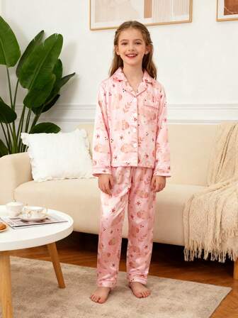 Autumn New Casual Fashion Cute Capybara Print Girls Pajama Set, Including Long Sleeve Lapel Cardigan Top And Long Pants 2pcs, Suitable For Family Gatherings, Indoor Activities And Daily Wear, Comfortable And Casual, Fashionable Loungewear