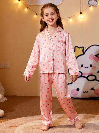 Girls Autumn Heart-Printed Pajama Set – Long-Sleeve Collared Cardigan With Chest Pocket, 2 Pieces Top & Pants, Comfortable Casual Loungewear For Family Gatherings & Daily Wear