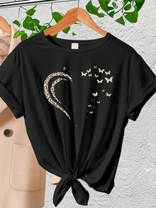 Fashion Women's Wear Short-Sleeved T-Shirt Love Design Knitted Fabric, Comfortable All-Season Top - Black - View 1