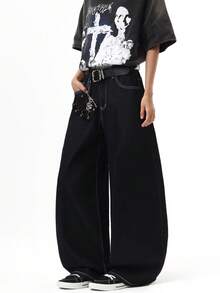 1件 Justice Brother 休闲个性化印花黑色宽松阔腿牛仔裤，男女通用街头风通勤裤（不含腰带和配饰） - 深色水洗藍 - 查看 5