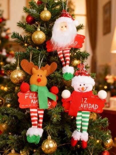 3PCS Christmas Ornaments, "Navidad" Slogan Christmas Tree Ornaments, Striped Elements New Cute Cartoon Christmas Pendant Ornaments, Santa Claus Ornaments, Snowman And Elk Ornaments, Christmas Tree Decor, Christmas Decorations For Home, Party Decor, Tree Topper, Fall&Winter