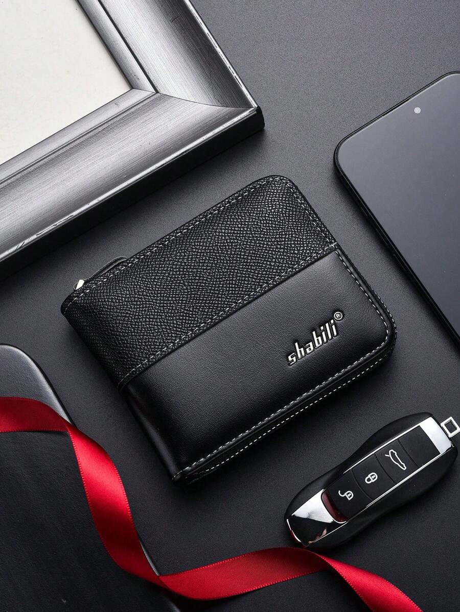 SHABILI New Short Wallet, Popular Men's Zipper Card Holder, Student Coin Purse Wallet - Black - View 1