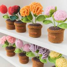 Handmade Crochet Flower Bouquet Desktop Decor, Handwoven Artificial Potted Plant, Creative Crochet Desktop Ornament, Suitable As Mother's Day, Anniversary, Birthday, Valentine's Day Gift, Or Home/Office Desk Decoration For Mom, Friends, Girlfriend - Multicolor - View 4