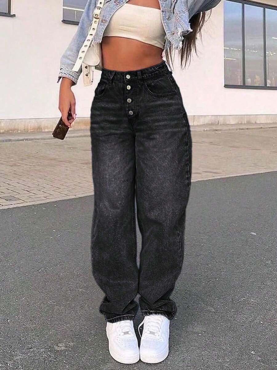 Casual Loose Straight Leg Button Fly Baggy Boyfriend Jeans For Women - Black - View 1