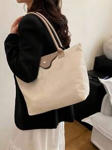 1个简约百搭休闲纯色大容量拉链单肩手提包，适合购物、度假、工作、通勤，女士时尚单肩手提包，拉链顶部提手手提包，防水单肩包，饺子袋，腋下包，尼龙包，可折叠学生包，适合旅行、上学和办公 - 米色 - 查看 3