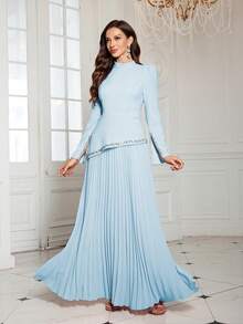 女士纯色立领不对称水钻袖口褶皱长款连衣裙，柔软面料，适合生日派对、婚礼等场合，春季款 - 淺藍色 - 查看 6