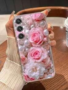 Pink Roses And Pearls Transparent Phone Case Compatible With Samsung Galaxy S25/24/23/22/21 Ultra/FE/Plus/Edge,A73/72/54/53/52/50/35/34/33/25/24/23/22/20/16/15/14/13/12/A10,As Well As Iphone17,16, 15, 14, 13, 12, 11, Pro Max,Pro, Plus,17Air,Fashion Creative Design New Mobile Phone Case - 彩色 - 查看 2