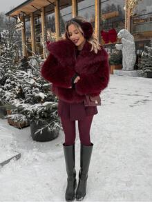 Women's Burgundy Faux Fur Short Jacket, Oversized Collar Loose Fit, Retro Luxurious Style, Suitable For Winter, Christmas, New Year Party, Daily Wear, Date, Fashionable Outerwear - Burgundy - View 1