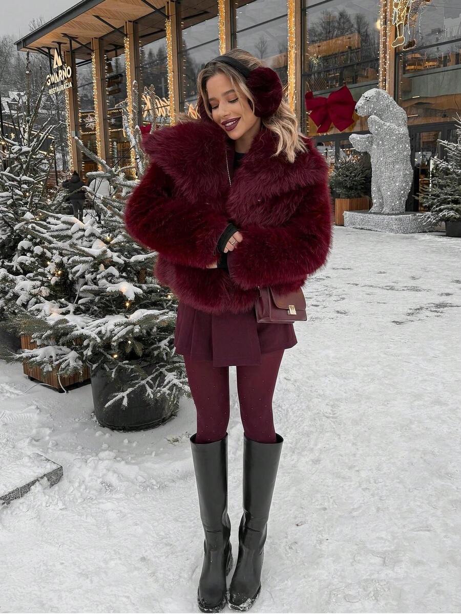 Women's Burgundy Faux Fur Short Jacket, Oversized Collar Loose Fit, Retro Luxurious Style, Suitable For Winter, Christmas, New Year Party, Daily Wear, Date, Fashionable Outerwear - Burgundy - View 1
