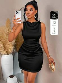 AIJ Falda mini de satén de línea A con volantes en la cintura y hombros descubiertos para mujeres, ideal para citas, reuniones y fiestas - Negro - Ver 3