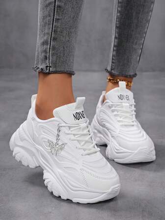 女士运动鞋，撞色圆头皮革系带运动鞋，轻便透气防滑耐磨户外运动鞋，白色运动鞋，舒适休闲女鞋