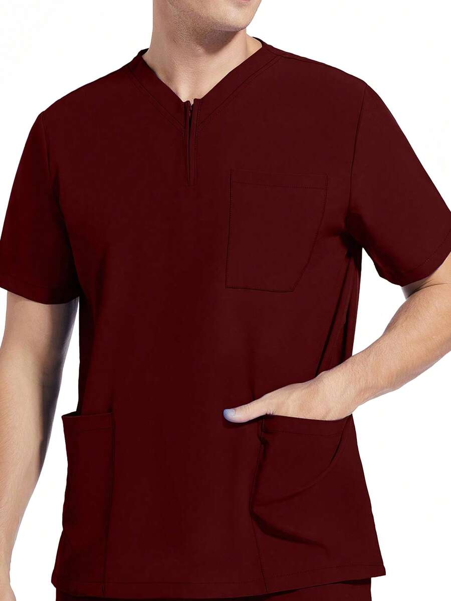 Men Elastic Workwear Short Sleeve Shirt Breathable Stretch Lab Coat Pet Grooming Salon Uniform With Pockets - Burgundy - View 1