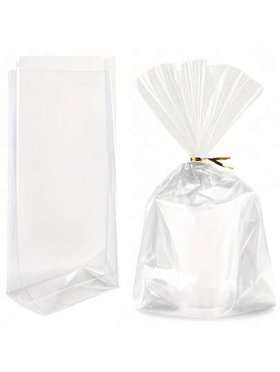 25pcs Flat Accordion Pleat Gift Bags, Clear Cellophane Treat Bags With Drawstring, Suitable For Birthday Party, Christmas, Halloween And Other Occasions