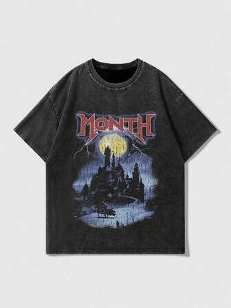 تيشيرت كاجوال بياقة مستديرة وأكمام قصيرة بطباعة نمط البلورات الثلجية الرجالي ريترو