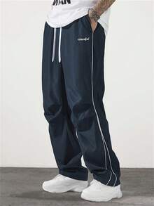 Pantalones de estilo universitario urbano para hombre, otoño  Pantalones holgados y estrechos con cordón y bolsillo de unicolor para hombre, pantalones cargo estrechos para vacaciones largas, regalo para esposo o novio - Azul Marino - Ver 7