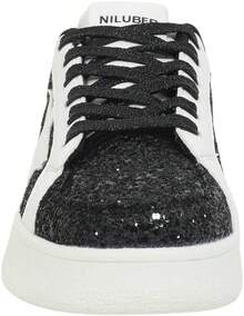 Niluber Star Sneakers For Women Low Top Cushioned White Gold Sliver Leopard Platform Sneakers Lace Up Red Glitter Platform Party ShoesChristmas - 黑色閃光 - 查看 5