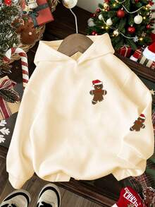 Christmas-Tween Girl Gingerbread & Candy Print Sweatshirt, Fleece Soft Top, Suitable For Autumn/Winter Daily Wear, Christmas Party, Streetwear Style, Fashionable Kids Autumn/Winter Top
