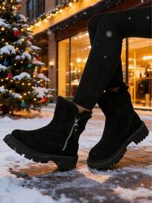 FZY 2026 Winter New Style Plush Thickened Women's Hiking Boots. Thick, Non-Slip Sole, Side Zipper Athletic Ankle Boots. Stylish And Practical Casual Boots. Soft Sole, Fashionable, Comfortable, And Versatile Women's Winter Boots. A Must-Have For Everyday Casual Wear And Valentine's Day Outfits,Charming Valentine's Day Gifts - 黑色 - 查看 6
