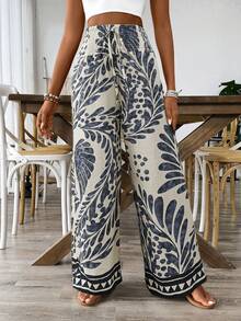 女士休闲宽松腰身植物印花阔腿裤 春季 - 藏蓝色 - 查看 3