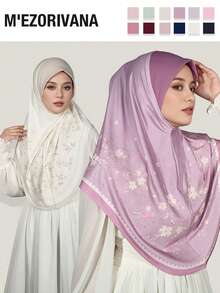 1 件花卉和三叶草印花优雅涤纶穆斯林头巾，时尚配饰，适合秋冬日常休闲穿着 - 5# 藏藍 (Navy Blue) - 查看 3