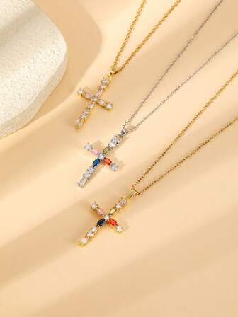 1 Adet Yeni Bakır İşlemeli Zirkonyum Haç Kolye, Günlük Kullanım, Tatil Gezileri, Alışveriş, Gezi, Fotoğraf Çekimi ve Dekoratif Kullanım İçin Uygundur.