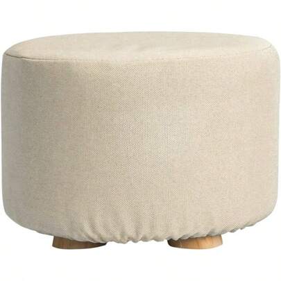 La Bella Round Ottoman Foot Stool Faux Linen Fabric Wooden Frame Padded Seat Compact Design 30cm Beige