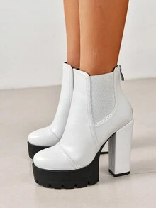 女士踝靴,黑色,保暖冬季粗跟踝靴,后拉链户外踝靴,秋冬季,高跟 - 白色PU - 查看 6