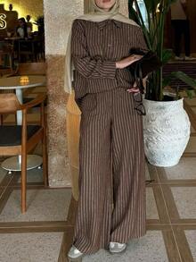 Elegant Women's Modest Brown Striped Button-Up Long Sleeve Regular Fit Woven Top With Cardigan Collar - Brown - View 5