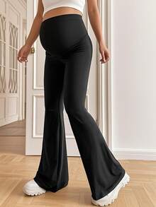 Women's Solid Color High Waist Elastic Casual Flare Pants, Maternity Pants Black - Black - View 2