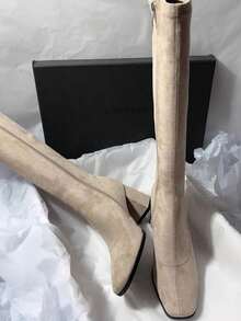 秋冬季方头粗跟侧拉链超高跟麂皮极简风过膝长靴（女款）