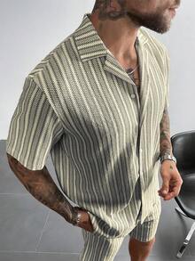 Bộ 2 món áo và quần short dệt kim móc kiểu Bohemian GloMan dành cho nam, áo sơ mi kẻ sọc nhiều màu, thích hợp cho bãi biển, lễ hội âm nhạc, kỳ nghỉ ở Hawaii, món quà tuyệt vời dành cho nam giới, phong cách nghỉ dưỡng cổ điển. - Màu be - Xem 4
