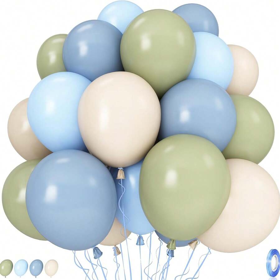 50pcs Sage Green And Blue Balloons, Olive Green, Dusty Blue, Beige, Cream Neutral Latex Balloons, Suitable For Boy, Rabbit Theme Baby Shower, Birthday, Boho Wedding... - Multicolor - View 1