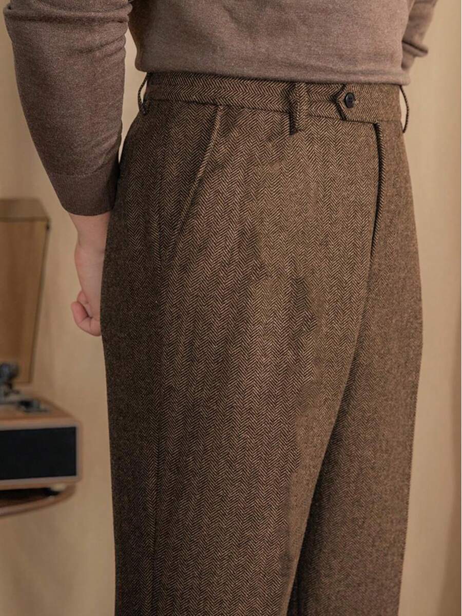 Pantalones de hombre de lana tweed con diseño de espiga, estilo vintage, para vestir, de corte regular - Marrón 2 - Ver 1