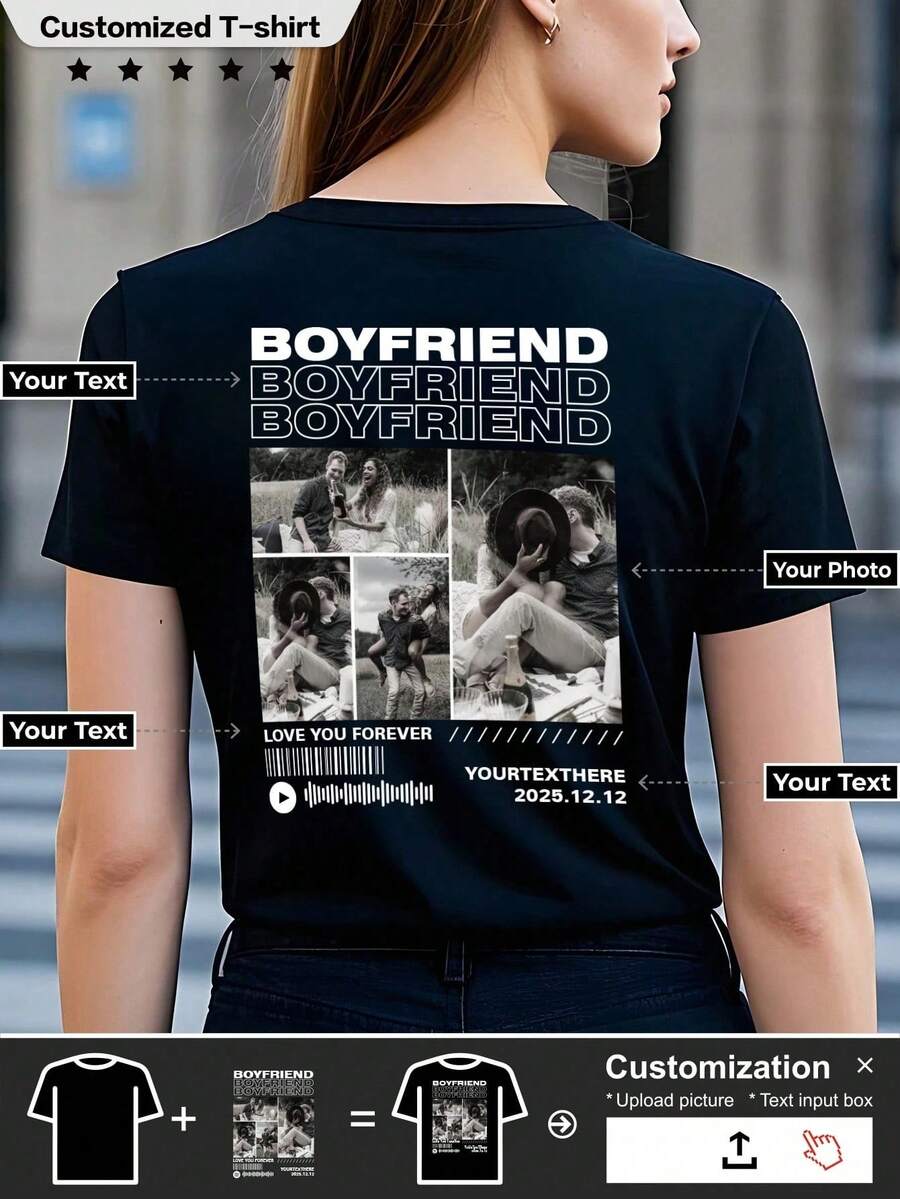 客製化女款T恤，個性化定制，印製關於我男友的圖案，上傳照片生成獨家T恤，時尚、嘻哈、休閒、極簡獨特、個性化、客製化、獨一無二，男裝、膠囊衣櫥、男士基本款/街頭風，送給他、男友、家人、朋友的理想禮物，適用生日、度假/假期、學校/比賽、運動/攀岩等場合 - 黑色 - 查看 1