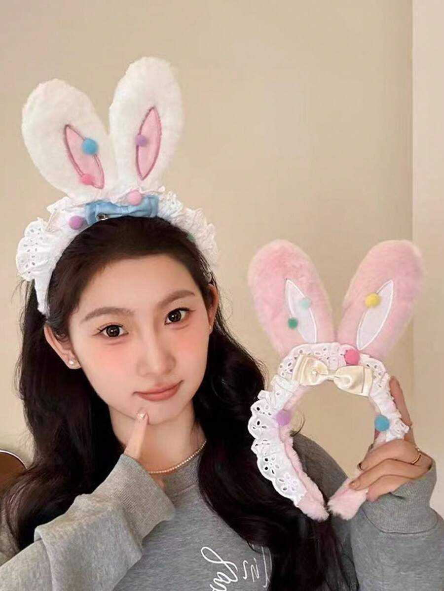 1pc Valentine's Day Gift Cute Bow Bunny Ear Plush Headband With Lace Trim, Plush Fabric, Lace Trim, Colorful Beads, Bow Design, Decorative Headband To Enhance Hairstyles And Create A Sweet Atmosphere, Some Designs (Like Lace, Beads) Also Have The Effect Of Covering Hair Gaps And Shaping The Head