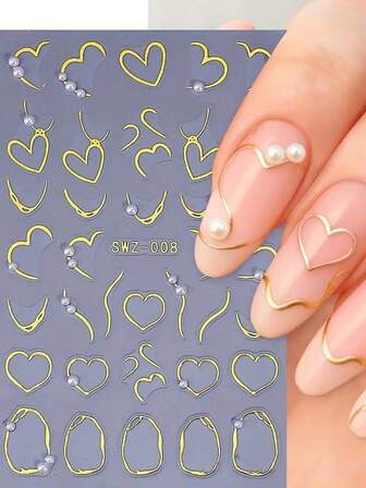 Valentine's Day Nail Stickers, Embossed Nail Stickers, 3D Stereoscopic French Asymmetric Line Heart-Shaped Nail Stickers With Pearls, Self-Adhesive Nail Decals With Golden Heart-Shaped Line Patterns, 3D Stereoscopic Pearls On The Stickers