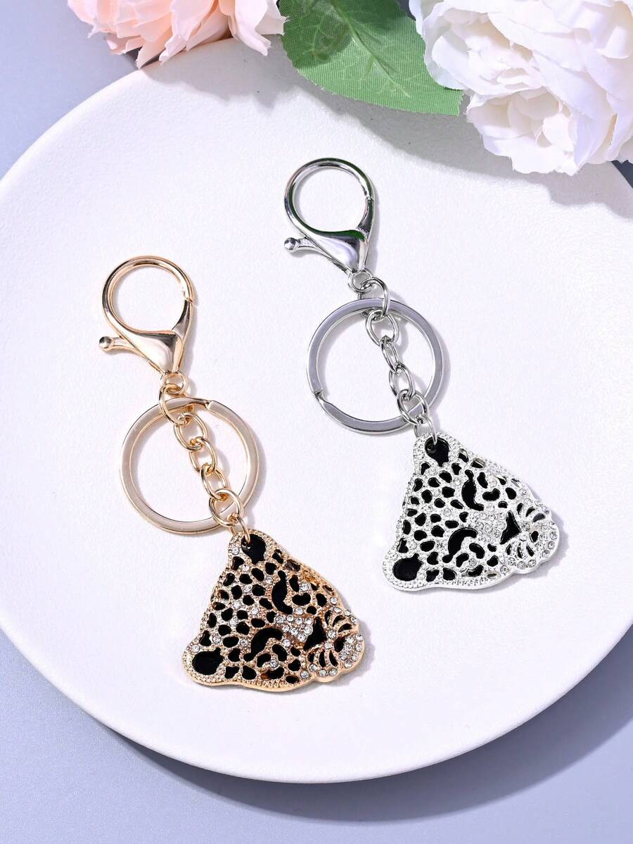1pc Rhinestone Studded Leopard Head Keychain, Bag & Car Accessory, Fashionable Gift For Men - Keychain - View 1