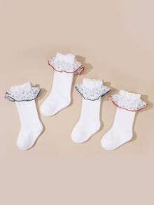 2双花边装饰短袜，白色，荷叶边踝袜，中筒袜 - 彩色 - 查看 9