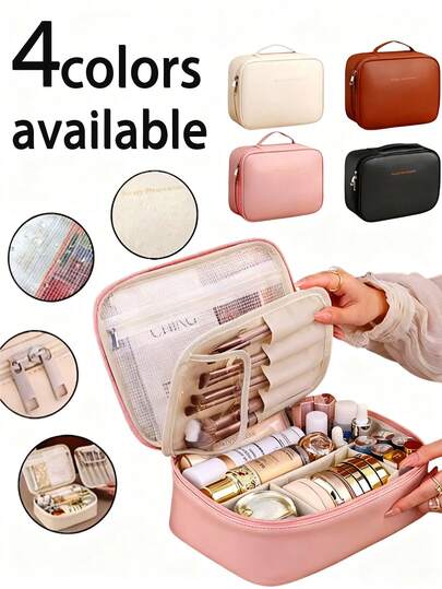 1pc Multi-Functional Travel Makeup Bag, Cosmetic Storage Organizer With Compartments, Detachable Layers, Waterproof PU, Large Capacity, Convenient Handbag For Skincare, Makeup, Brushes, Powder, Lipstick, Suitable For Beach, School, Bathroom, Holidays, Valentine's Day, Christmas, Mother's Day Gifts For Mom, Family, Friends