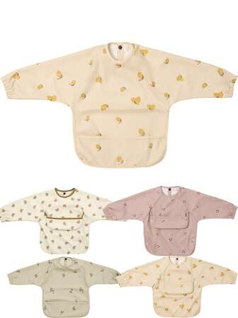 1pc Baby Kids Soft Polyester Long Sleeve Bib With Pocket Easy Clean Cartoon Fruit Pattern Design Waterproof Feeding Bibs Infant Toddler Mealtime Essentials
